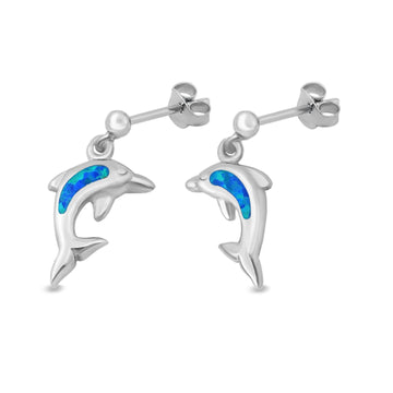 Dolphin Stud Earrings Lab Created Blue Opal 925 Sterling Silver (13mm)